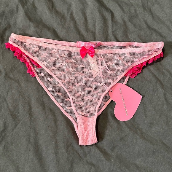 Discontinued Sugar Thrillz for Dolls Kill Flirty Pink Heart Mesh Lingerie Set - Picture 6 of 12